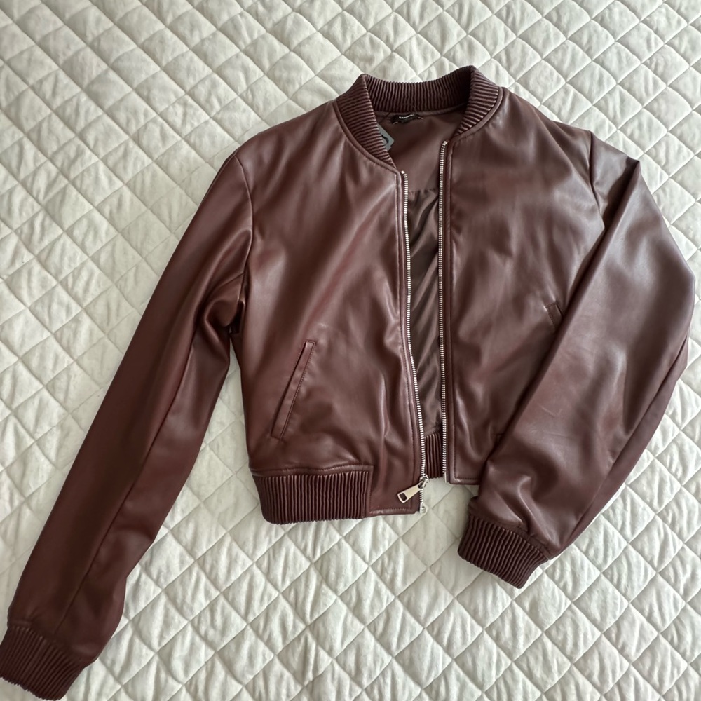 Faux Leather Cropped Bomber Jacket.